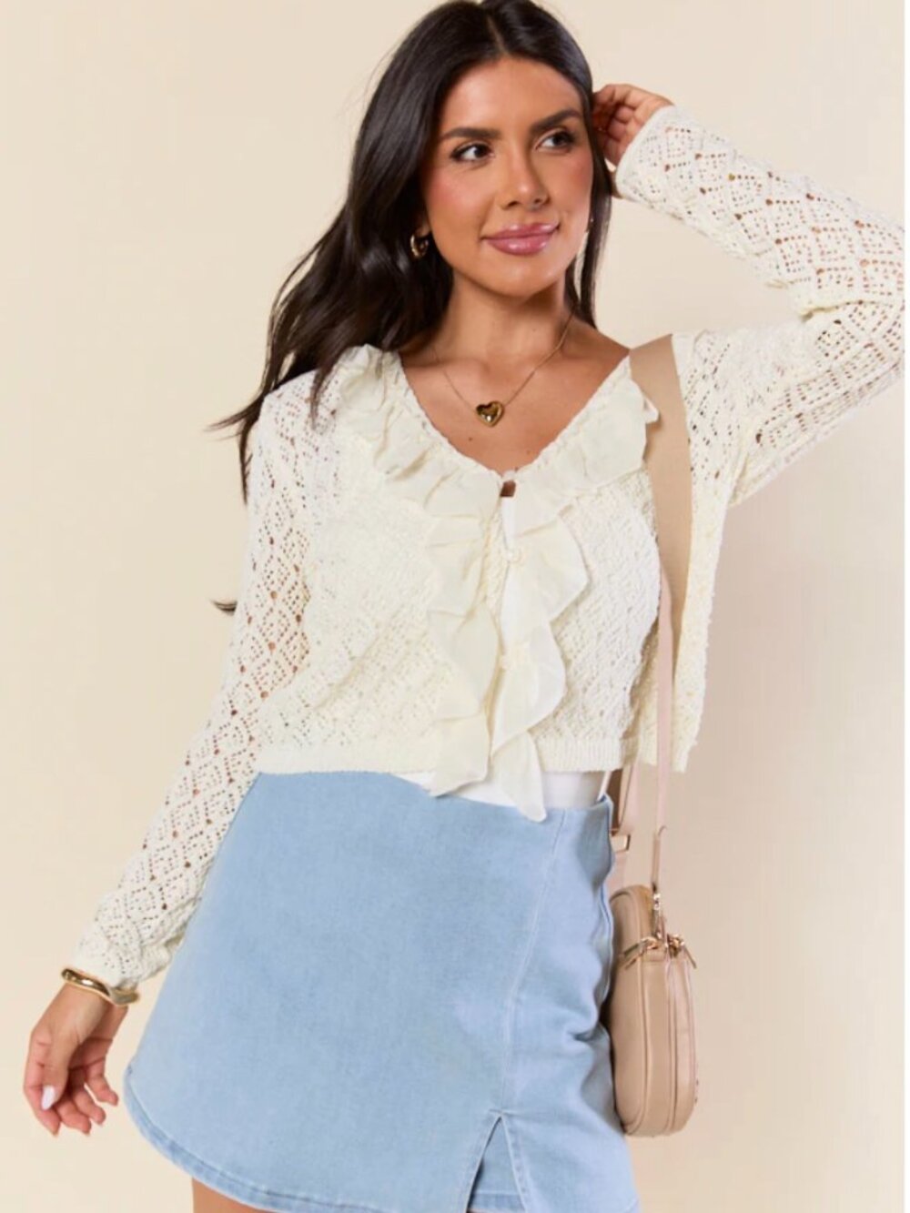 Pink Lily Ruffle-Front Knit Cardigan - L
